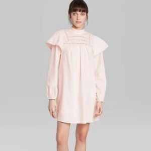 NWT Wild Fable Light Pink High Neck Poplin Baby Doll Dress with Long Sleeves XS